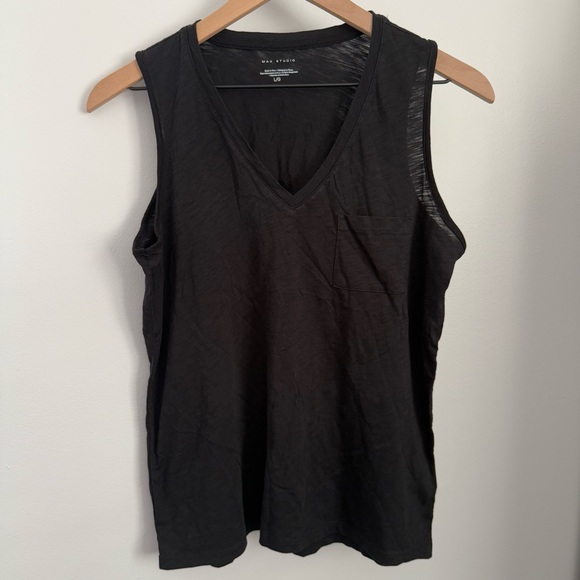 Max Studio Large Black V Neck Tank Top Pima Cotton Minimal Lagenlook Beach - Picture 1 of 6